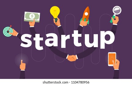 Flat design concept hand create symbol icon and words startup. Vector illustrations.