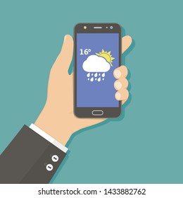 Flat design concept with hand holding mobile phone with weather app
