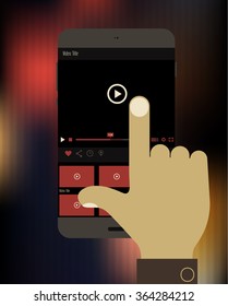Flat design concept of hand holding mobile device with media player app, on trendy blurred background