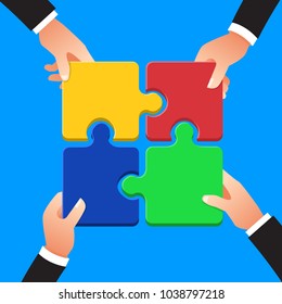 Flat design concept hands teamwork building success business with jigsaw symbol. Vector illustrate.