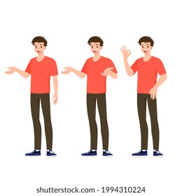 Flat design concept of happy man wear casual cloth with different poses, presenting process gestures and actions isolated on white background. Vector cartoon character design set.