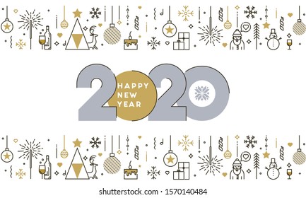 Flat Design Concept of Happy New Year 2020 greeting card, trendy and minimalistic card or background. Modern Thin Line Design. Vector Illustration