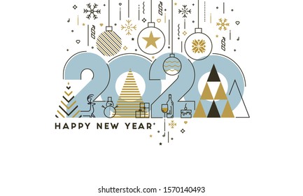 Flat Design Concept of Happy New Year 2020 greeting card, trendy and minimalistic card or background. Modern Thin Line Design. Vector Illustration