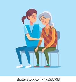 Flat design concept of healthcare and medical for older people. Cartoon illustration of old woman and nurse or doctor. Medical help and patronage