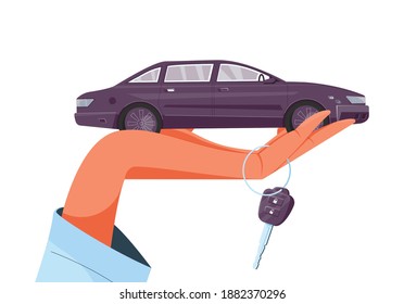 Flat design concept with human hand holding car and key vector illustration