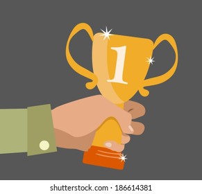 Flat design concept icon of winner cup in hand
