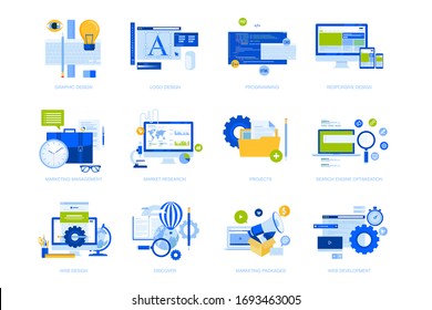 Flat Design Concept Icons Collection. Vector Illustrations For Graphic And Web Design And Development, App Development, SEO, Digital Marketing And Market Research. 