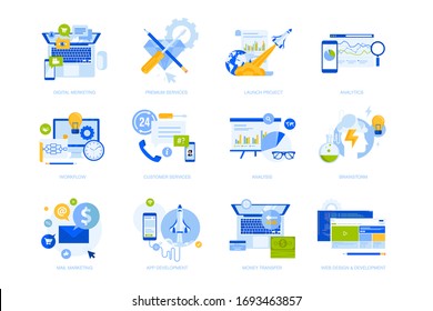 Flat design concept icons collection. Vector illustrations for business, startup, marketing, web and app design and development, e-banking and customer support. Icons for graphic and web designs.