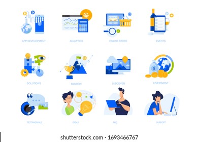 Flat design concept icons collection. Vector illustrations for app development, business solutions, analytics and investment, online store, testimonial, events. Icons for graphic and web designs,