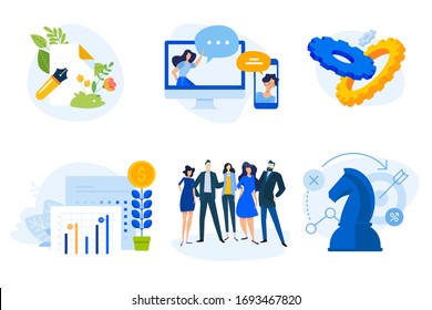 Flat design concept icons collection. Vector illustrations for business planning and strategy, project development, finance and investment, online communication, team, copywriting. 