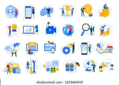 Kollektion von Symbolen für flaches Design. Vektorgrafiken für Start-, Grafik- und Webdesign und -entwicklung, App, Finanzen, soziale Medien, Wirtschaft, Marketing, m-Commerce, Bildung. 