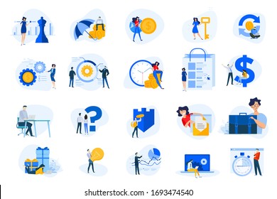 Flat design concept icons collection. Vector illustrations for business, finance, banking, insurance, strategy and analysis, investment, e-commerce, seo, time management, protection. 