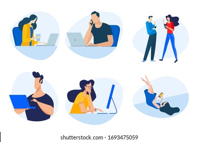 Flat design concept icons collection. Vector illustrations of businessmen, people in the office, communication, use of digital media, networking. Icons for graphic and web designs, marketing material.