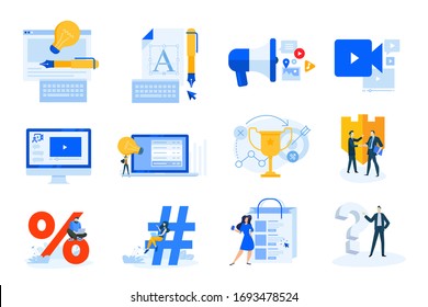 Flat design concept icons collection. Vector illustrations of logo and website design, internet marketing, video streaming and tutorial, shopping, communication, success, innovation, business security
