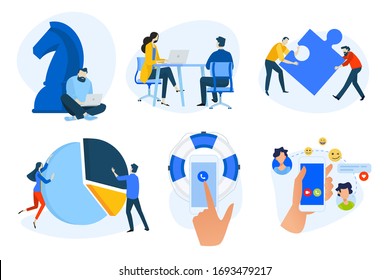 Flat design concept icons collection. Vector illustrations of business strategy, analysis and solutions, teamwork, human resources, social network, online support. Icons for graphic and web designs.