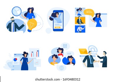 Flat design concept icons collection. Vector illustrations of conference call, social media, video streaming, business apps, time and project management. Icons for graphic and web designs, marketing m