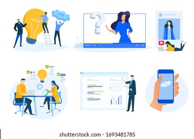 Flat design concept icons collection. Vector illustrations of project management, business presentation, social media, video tutorial, distance education, star rating, mobile app maintenance. 