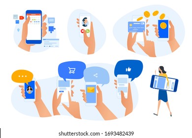 Kollektion von Symbolen für flaches Design. Vektorgrafiken von Smartphone-Apps, -Lösungen und -Diensten. Symbole für Grafiken und Web-Designs, Marketingmaterial und Geschäftsvorführungen. 