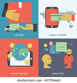 Flat design concept icons of delivery , mobile payment , online payment , consulting . Vector illustration, EPS10.