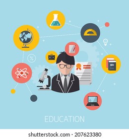 flat design concept icons for education. Modern flat icons vector concept of high school object and college education items with teaching and learning symbol