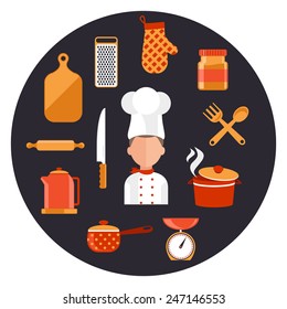 Flat design concept icons of kitchen utensils with a chef. Cooking tools and kitchenware equipment, serve meals and food preparation elements. Chef and tool character