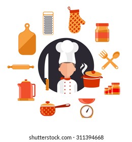 Flat design concept icons of kitchen utensils with a chef. Cooking tools and kitchenware equipment, serve meals and food preparation elements. Chef and tool character. Set of icons on white