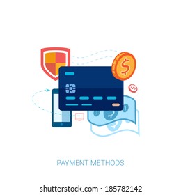 Flat design concept icons for payment methods for online shopping and e-commerce. Web shop, credit card, coin, banknote, phone and shield vector illustration. 