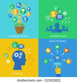 Flat design concept icons for social media and business success,contest,strategy, team
