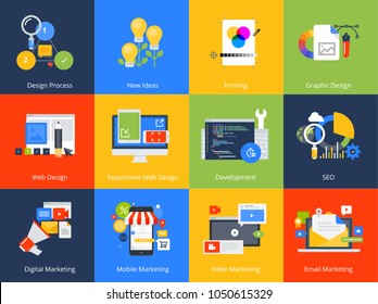 Flat design concept icons. Vector illustrations for web design and development, SEO, responsive web design, graphic design and creative process, internet marketing.