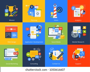 Flat design concept icons. Vector illustrations for business, management, consulting, communication, marketing, market research, app and web development, social media.