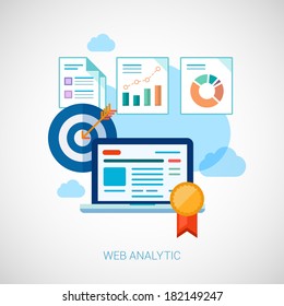 Flat design concept icons for web and mobile phone services and apps. Marketing online analytic and optimization concept symbols. Target, tasks, charts concept illustration on white background.