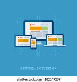 Flat Design Concept Icons For Web And Mobile Services. Apps Icons For Internet Advertising Responsive Web Design And Graphic Design. Tablet, Laptop, Mobile Phone And Desktop Screens Icons.
