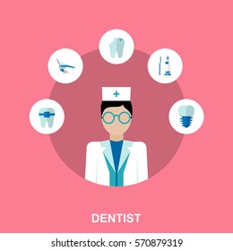 Flat Design Concept Illustration with a Dentist and Tooth Care Icons