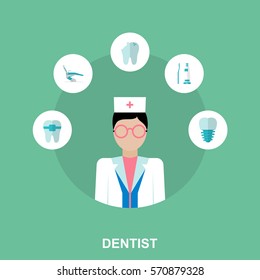 Flat Design Concept Illustration with a Dentist and Tooth Care Icons