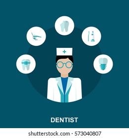 Flat Design Concept Illustration with a Dentist and Tooth Care Icons