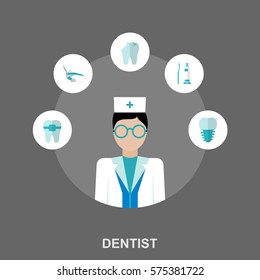 Flat Design Concept Illustration with a Dentist and Tooth Care Icons