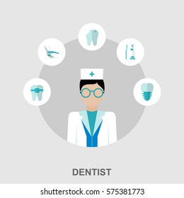 Flat Design Concept Illustration with a Dentist and Tooth Care Icons