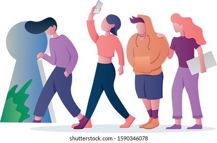 Flat design concept illustration with a group of people going into a keyhole.