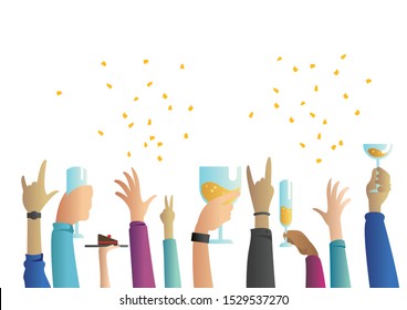 Flaches Design-Konzept-Illustration für Feiern und Feiern, mit mehreren Händen, hält Brille und jubeln.