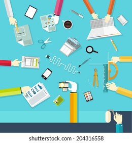 Flat design concept illustration design of teamwork consulting on briefing, team working and business presentation, planning, brainstorming of company financial strategy and final goals.