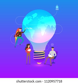 Flat design concept Innovative ideas are presented by combining light bulbs with the globe to convey creativity, change the world and rocket. Vector illustrations.