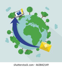 flat design concept of international connection via e-mail. online communication concept, email message travelling via internet around the world