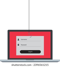 Concepto de diseño plano para la creación de teléfonos con fines delictivos en Internet ingresa una cuenta en una laptop, gancho de pesca