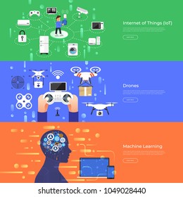 Flat design concept internet of thing, drones and machine learning. Vector Illustrate.