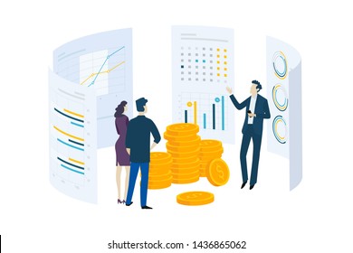 Flat design concept of investment, stock exchange, finance, consulting. Vector illustration for website banner, marketing material, business presentation, online advertising.