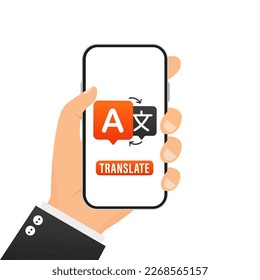 Flat design concept language translate. Chat message on mobile translate application. Chat bubbles with language translation icons in different. Multilingual online translator. Vector illustration
