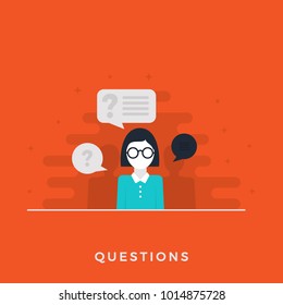 Flat Design Concept of Leadership Coaching. Woman Character Answering to Questions. Vector Illustration