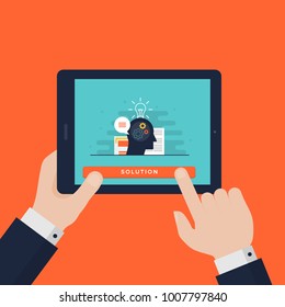 Flat Design Concept of Leadership Strategy. Businessman Hands Holding Tablet with Human Head Thinking and Generating Idea.  Vector Illustration for Web banners, Websites