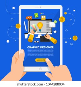 Flat design concept learning about graphic design online with hand hold tablet. Vector illustrate.