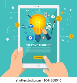 Flat design concept learning about creative thinking online with hand hold tablet. Vector illustrate.
